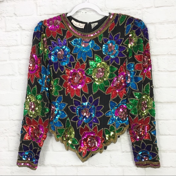 Vintage Tops - Laurence Kazar Vintage Sequin Rainbow Cocktail Top